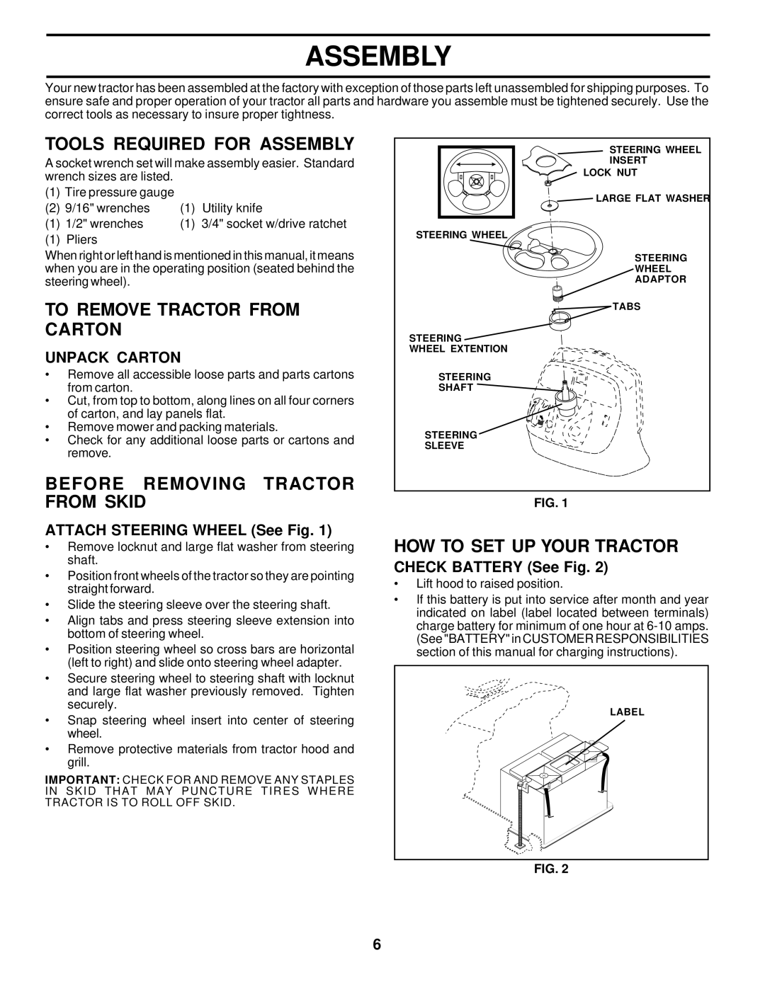 Poulan 178249 Tools Required for Assembly, To Remove Tractor from Carton, Before Removing Tractor from Skid 