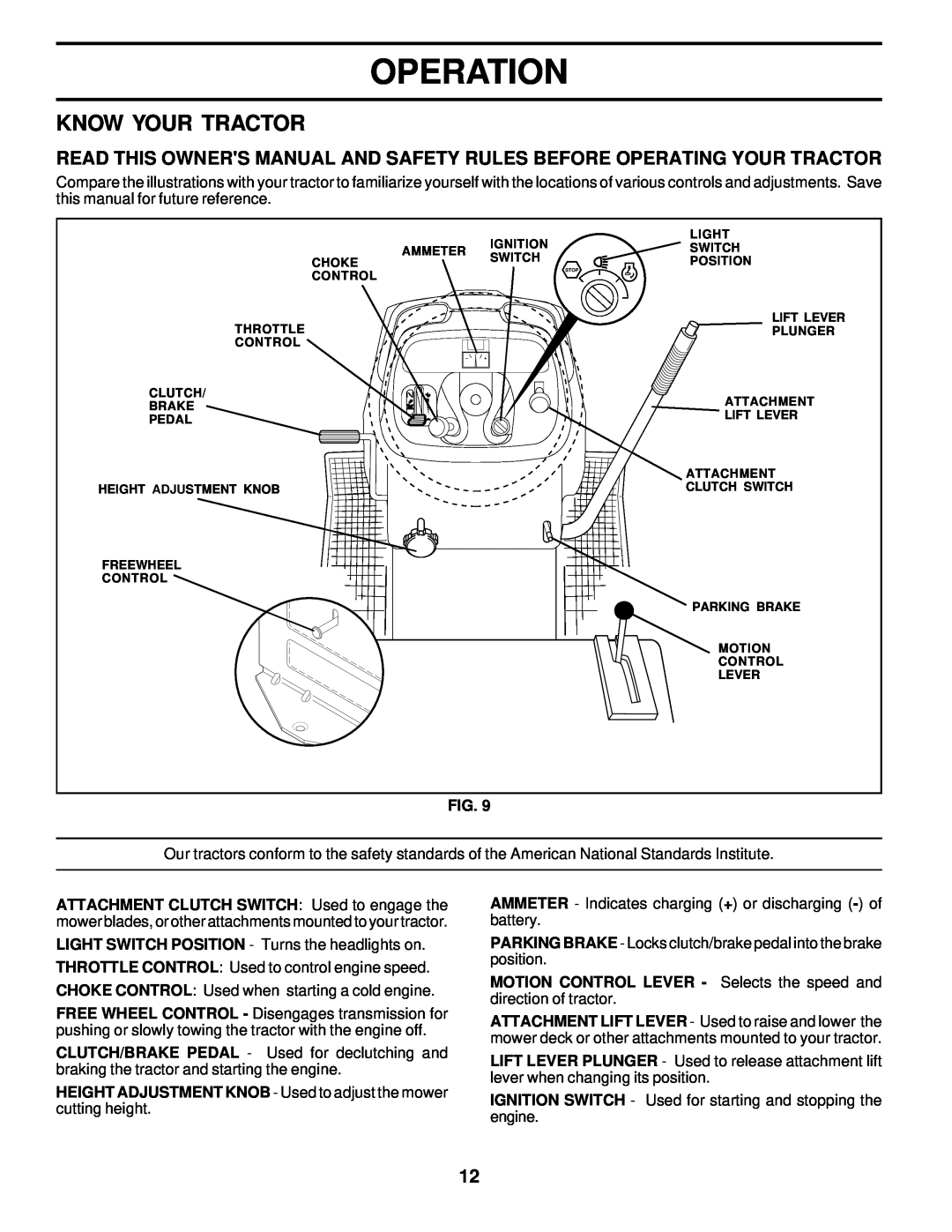 Poulan 178249 owner manual Know Your Tractor, Operation, HEIGHT ADJUSTMENT KNOB - Used to adjust the mower cutting height 