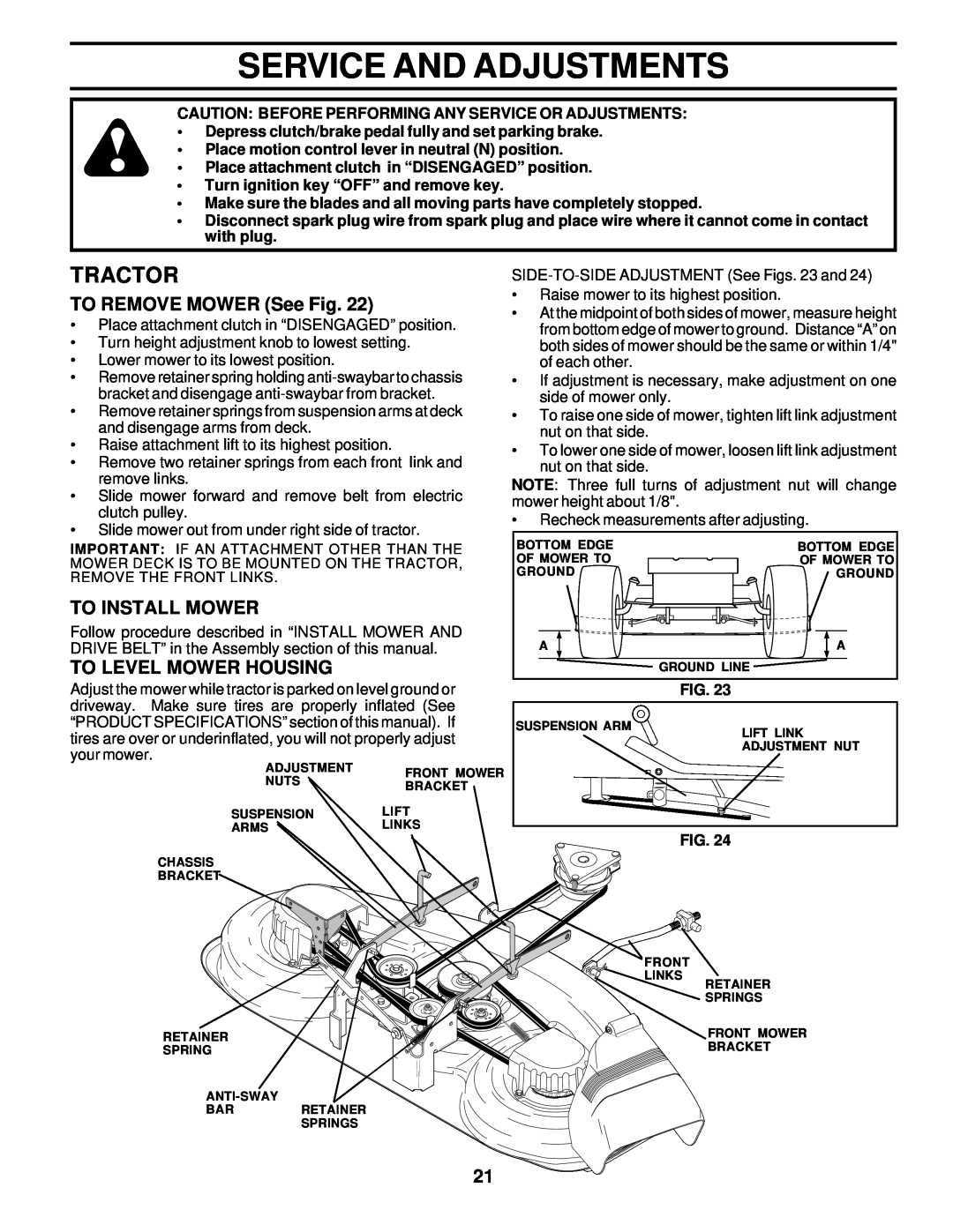 Poulan 178249 Service And Adjustments, TO REMOVE MOWER See Fig, To Install Mower, To Level Mower Housing, Tractor 