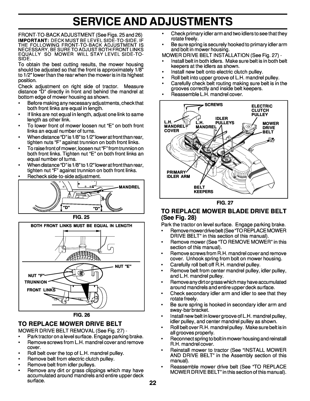Poulan 178249 owner manual To Replace Mower Drive Belt, TO REPLACE MOWER BLADE DRIVE BELT See Fig, Service And Adjustments 