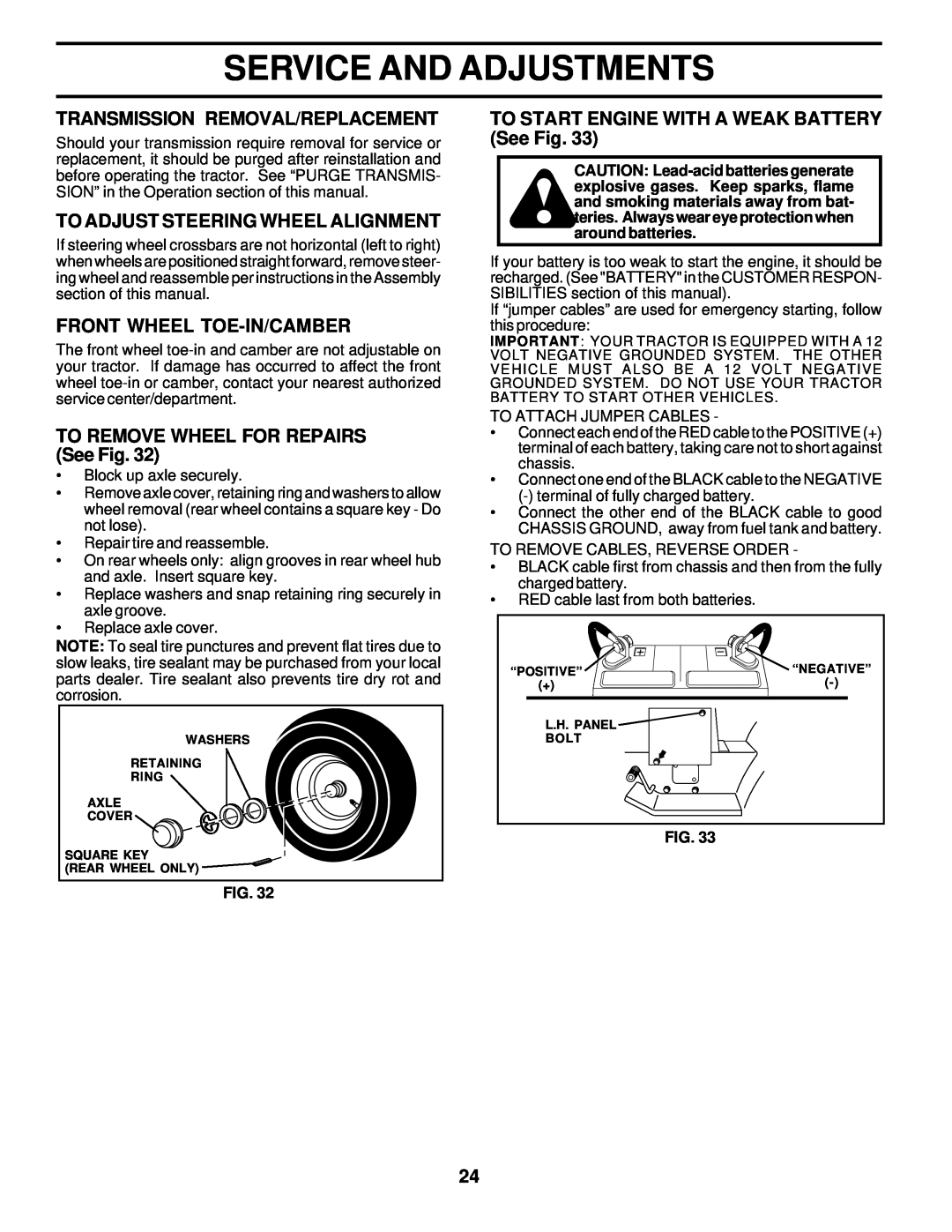 Poulan 178249 owner manual Transmission Removal/Replacement, To Adjust Steering Wheel Alignment, Front Wheel Toe-In/Camber 