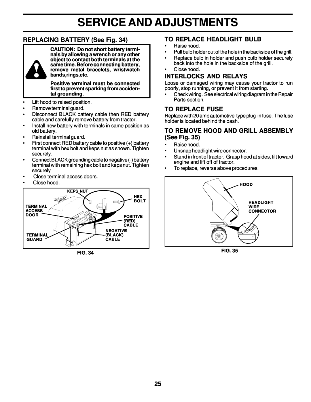 Poulan 178249 owner manual REPLACING BATTERY See Fig, To Replace Headlight Bulb, Interlocks And Relays, To Replace Fuse 
