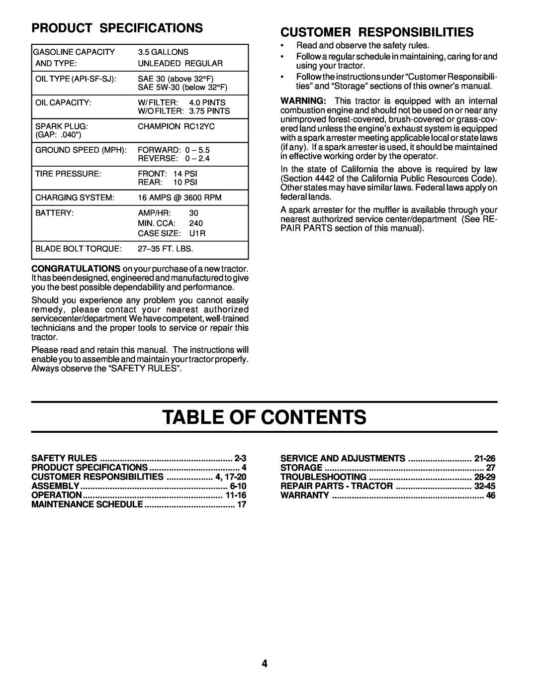 Poulan 178249 owner manual Table Of Contents, Product Specifications, Customer Responsibilities 