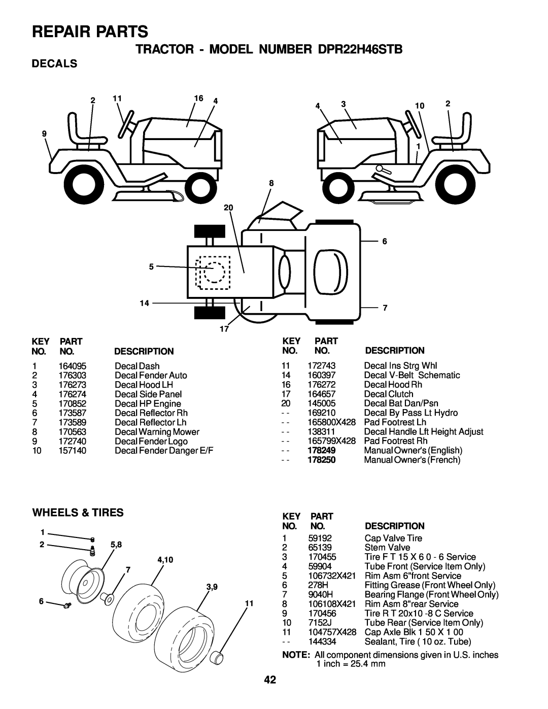 Poulan 178249 owner manual Decals, Wheels & Tires, Repair Parts, TRACTOR - MODEL NUMBER DPR22H46STB, 25,8 4,10 