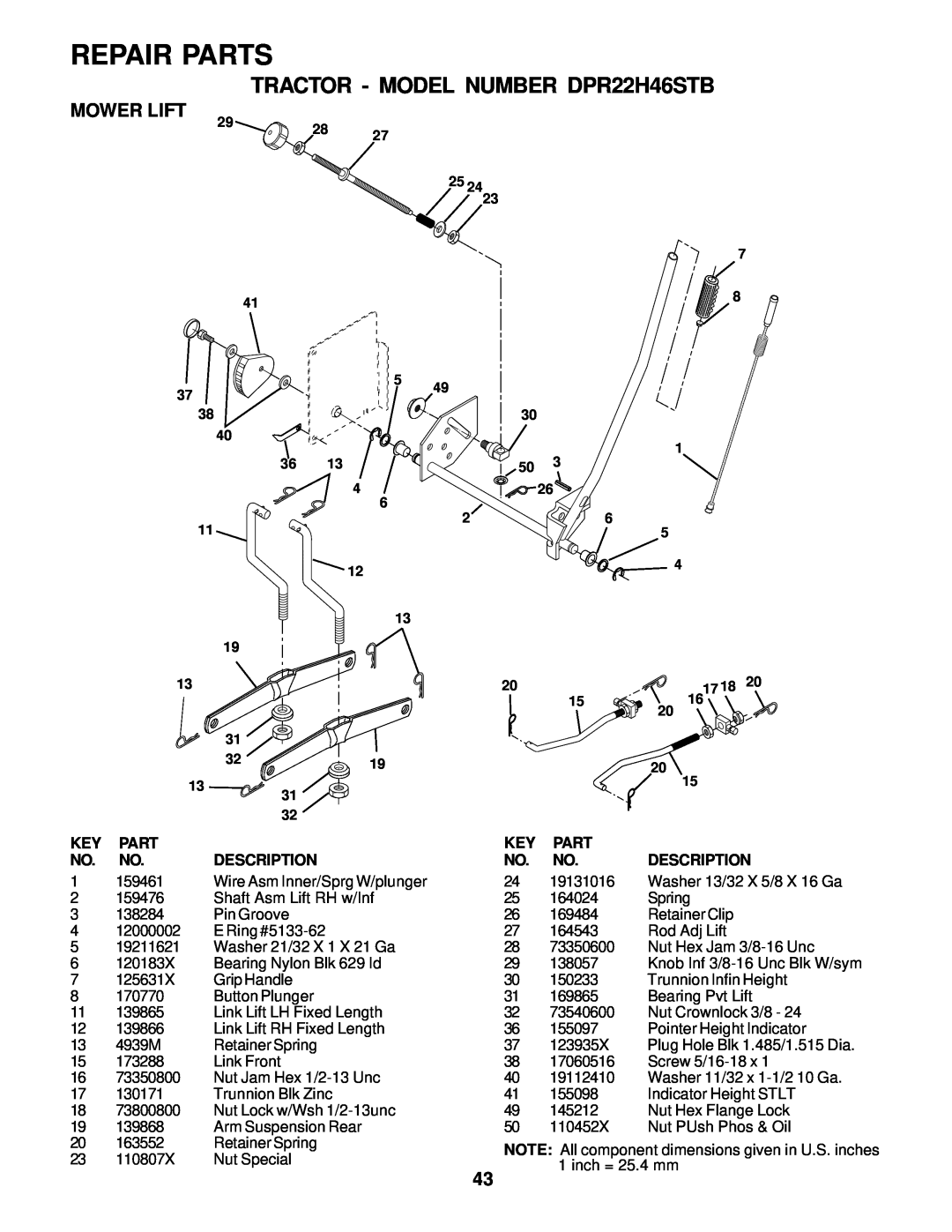 Poulan 178249 owner manual Mower Lift, Repair Parts, TRACTOR - MODEL NUMBER DPR22H46STB 