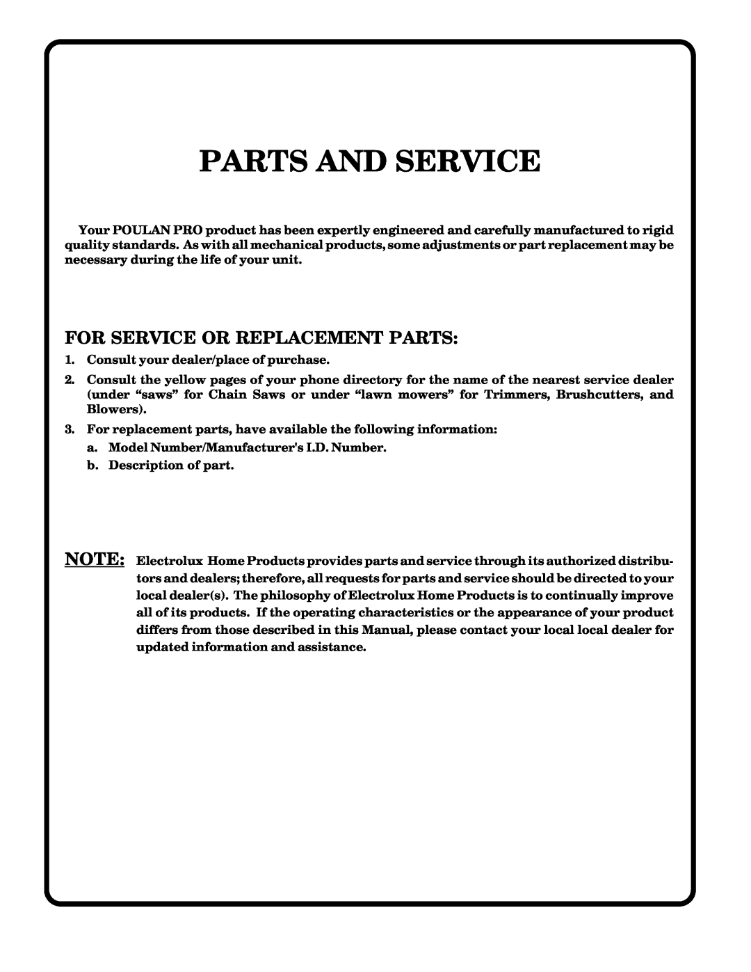 Poulan 178249 owner manual Parts And Service, For Service Or Replacement Parts 