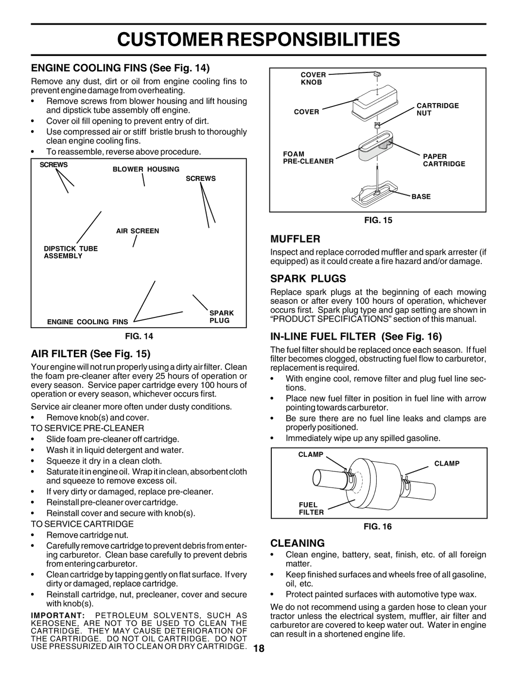 Poulan 178379 owner manual Muffler, Spark Plugs, Cleaning 