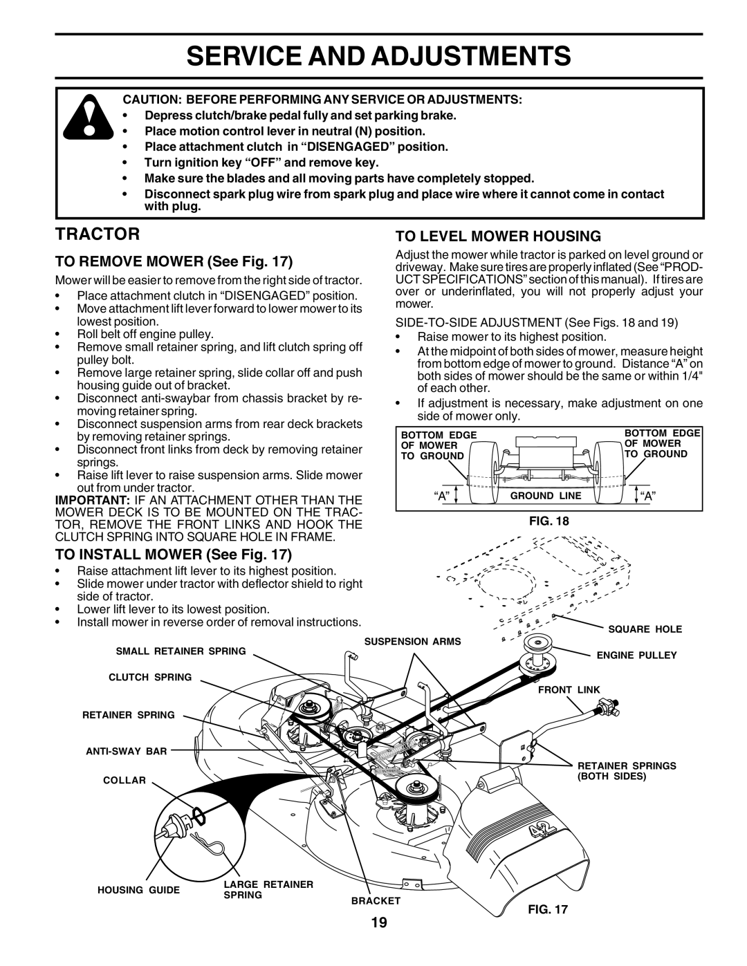 Poulan 178379 Service and Adjustments, To Remove Mower See Fig, To Level Mower Housing, To Install Mower See Fig 