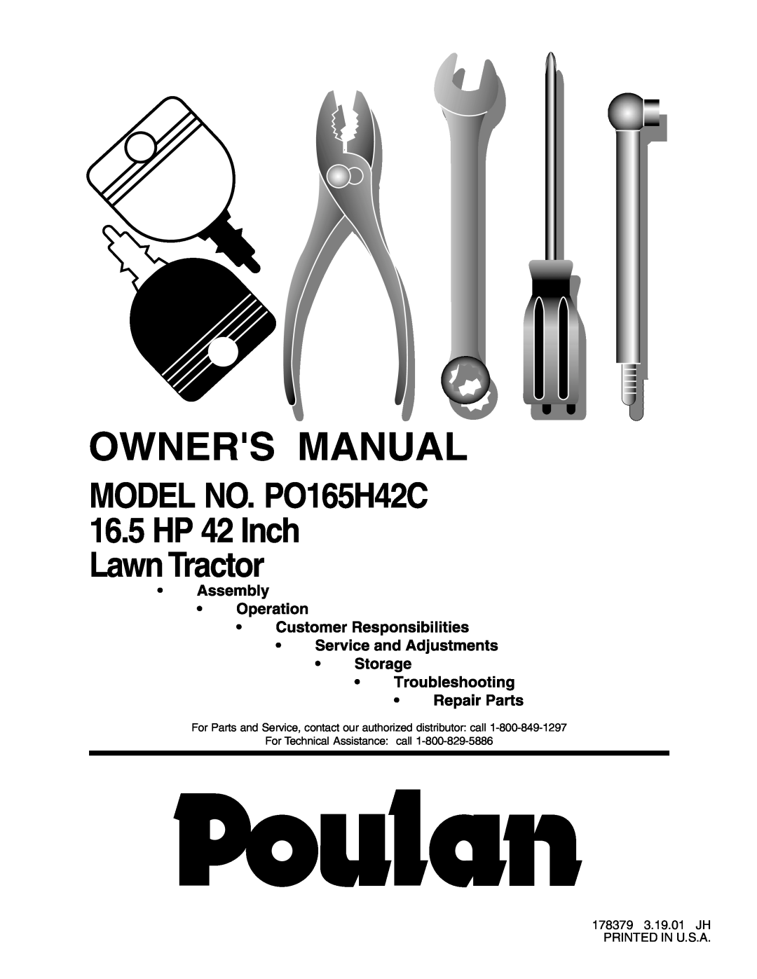 Poulan 178379 owner manual Owners Manual, MODEL NO. PO165H42C 16.5 HP 42 Inch Lawn Tractor 