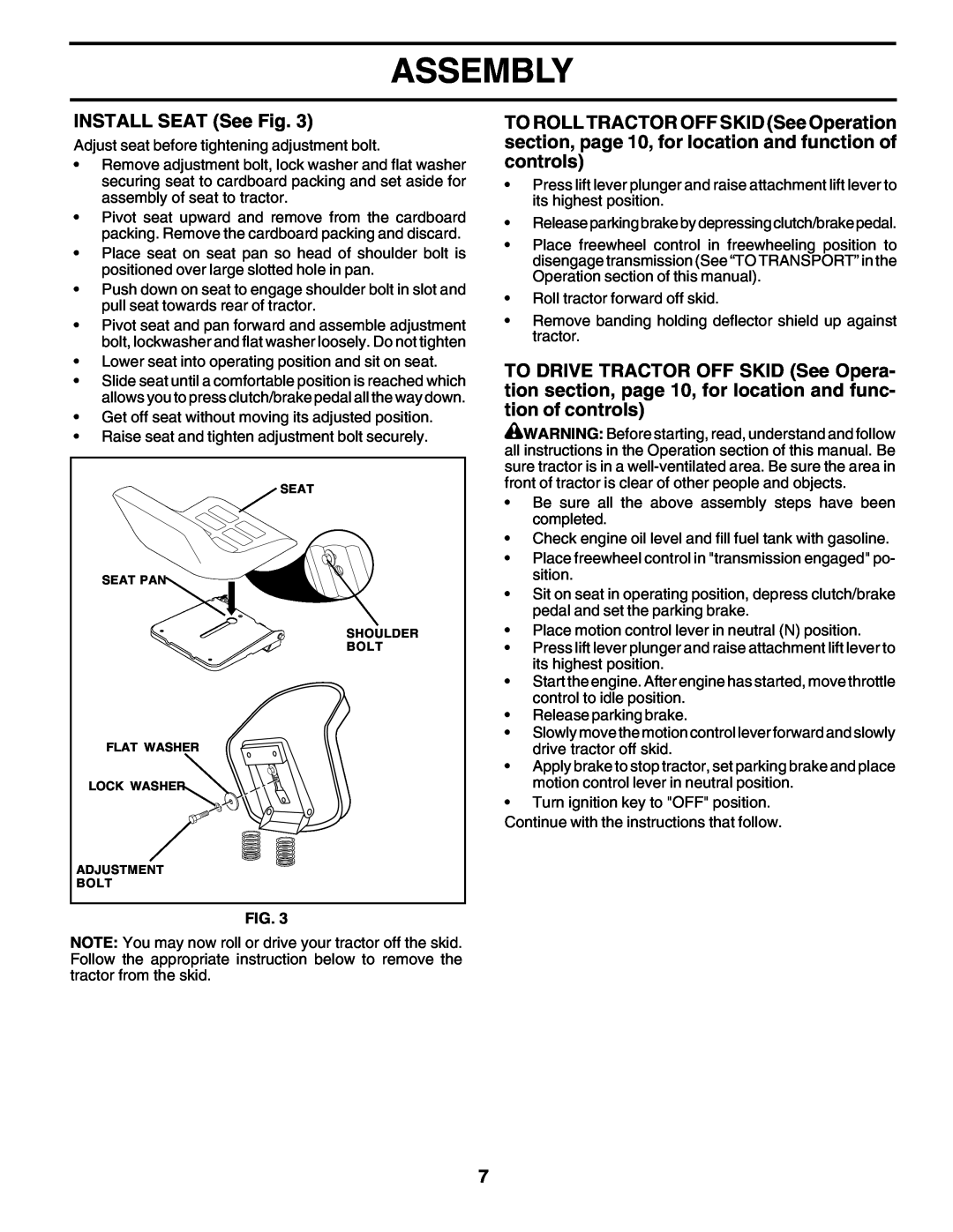 Poulan 178379 owner manual INSTALL SEAT See Fig, Assembly 