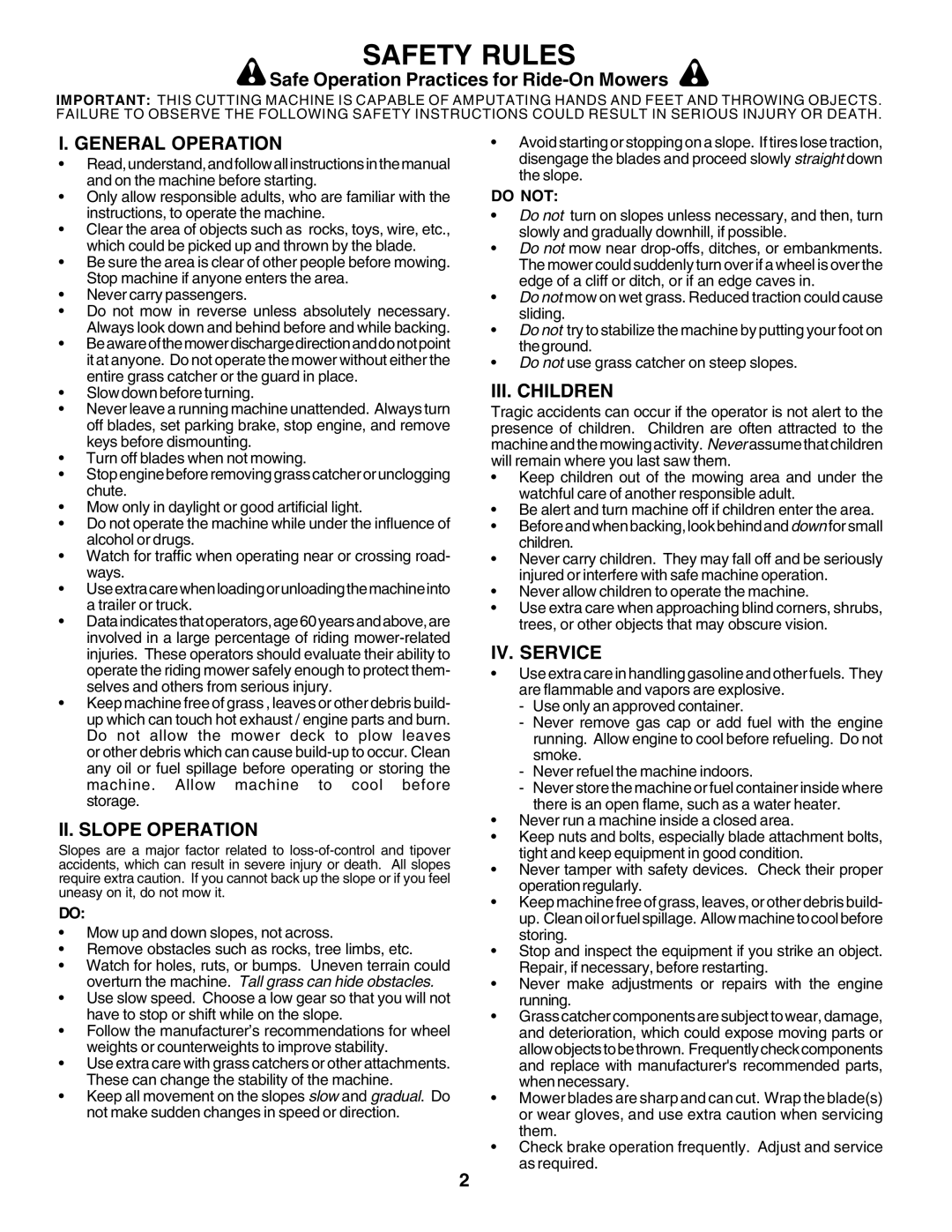 Poulan 178493 Safe Operation Practices for Ride-On Mowers, General Operation, II. Slope Operation, III. Children 