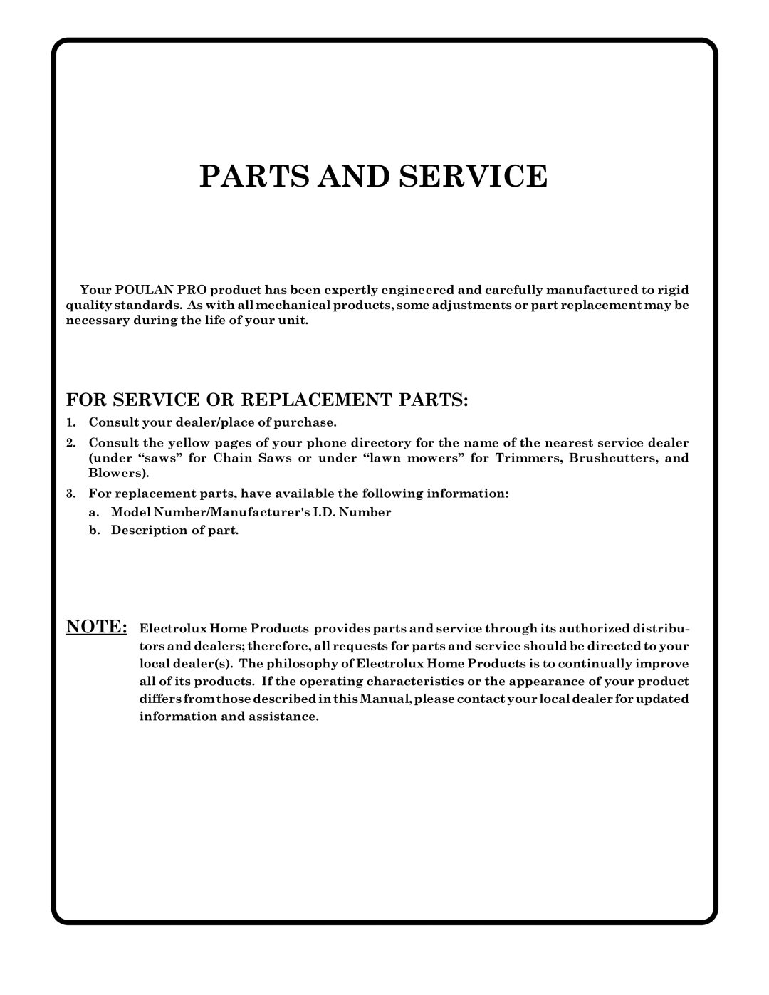 Poulan 178493 owner manual Parts and Service 