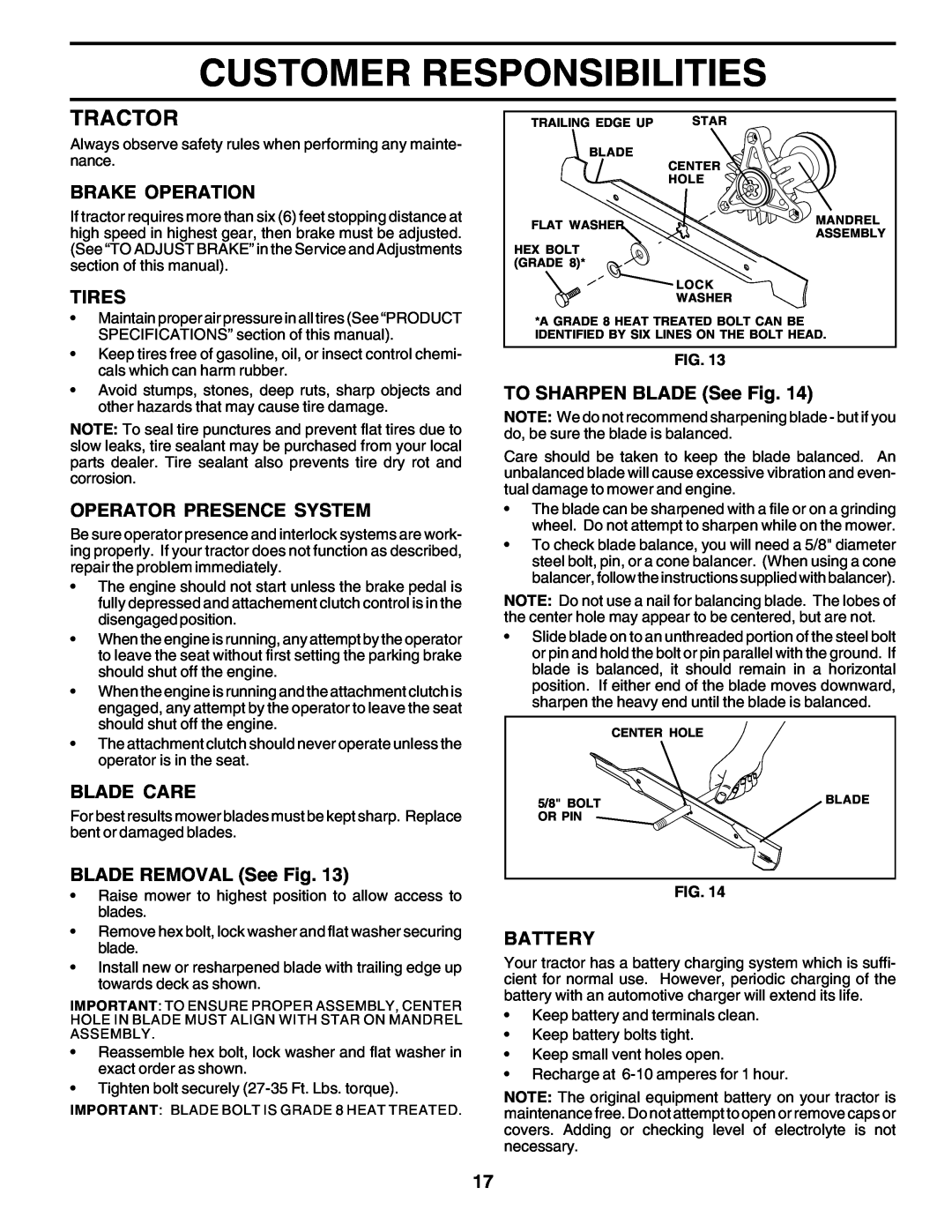 Poulan 178497 Tractor, Customer Responsibilities, Brake Operation, Tires, Operator Presence System, Blade Care, Battery 