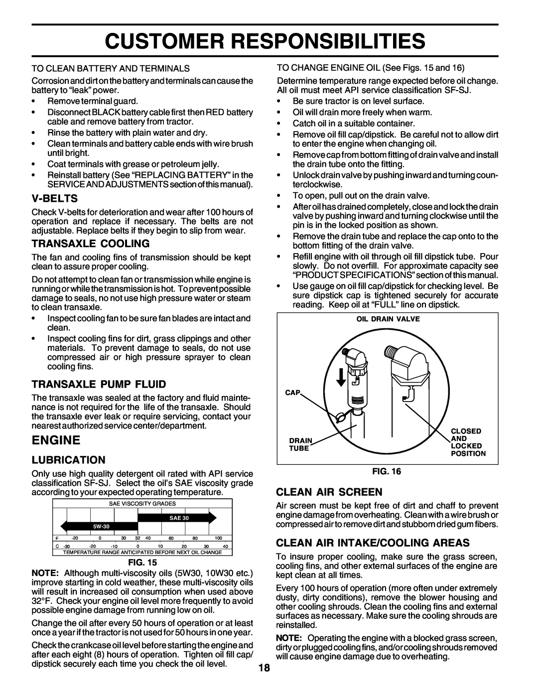 Poulan 178497 owner manual Engine, Customer Responsibilities, V-Belts, Transaxle Cooling, Transaxle Pump Fluid, Lubrication 