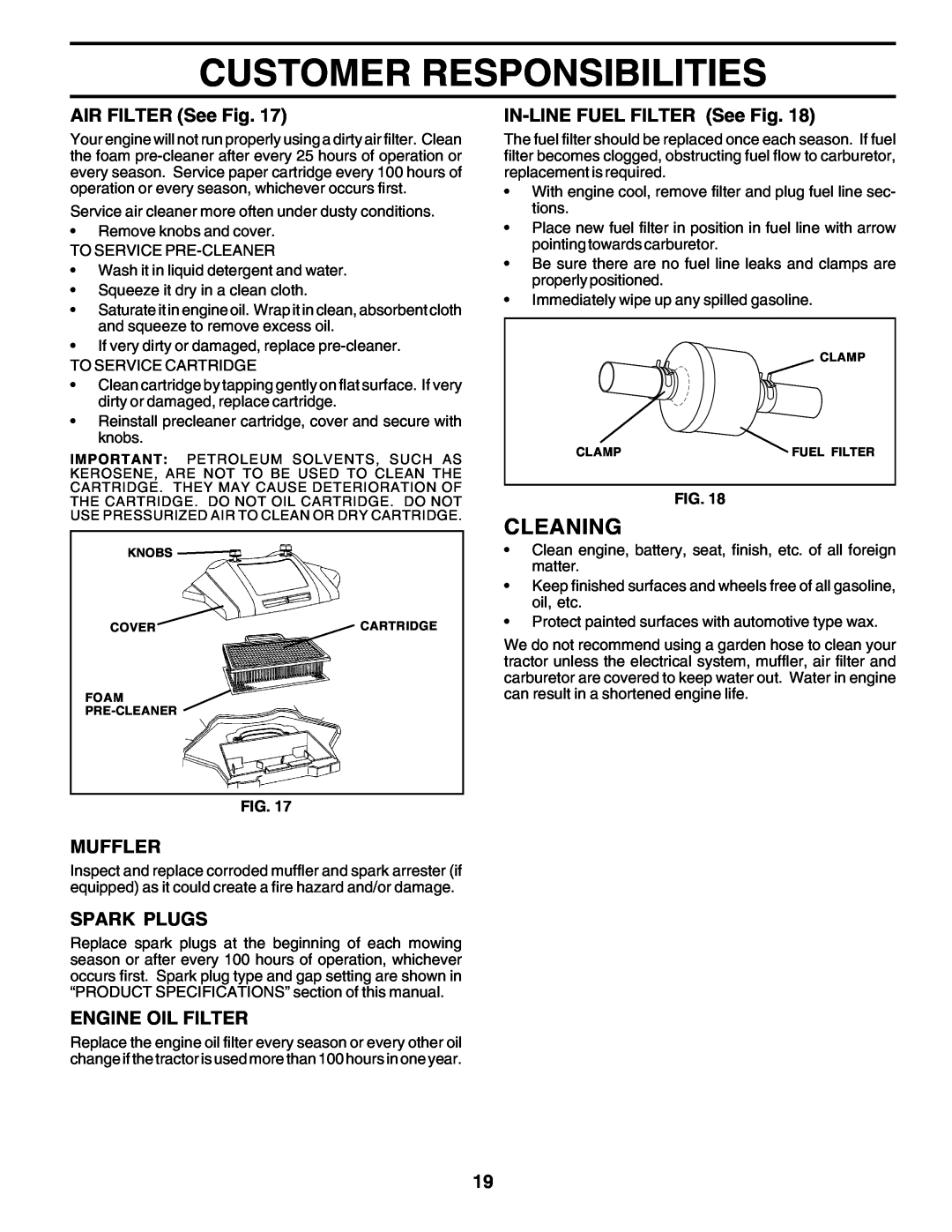 Poulan 178497 owner manual Cleaning, Customer Responsibilities, AIR FILTER See Fig, Muffler, Spark Plugs, Engine Oil Filter 