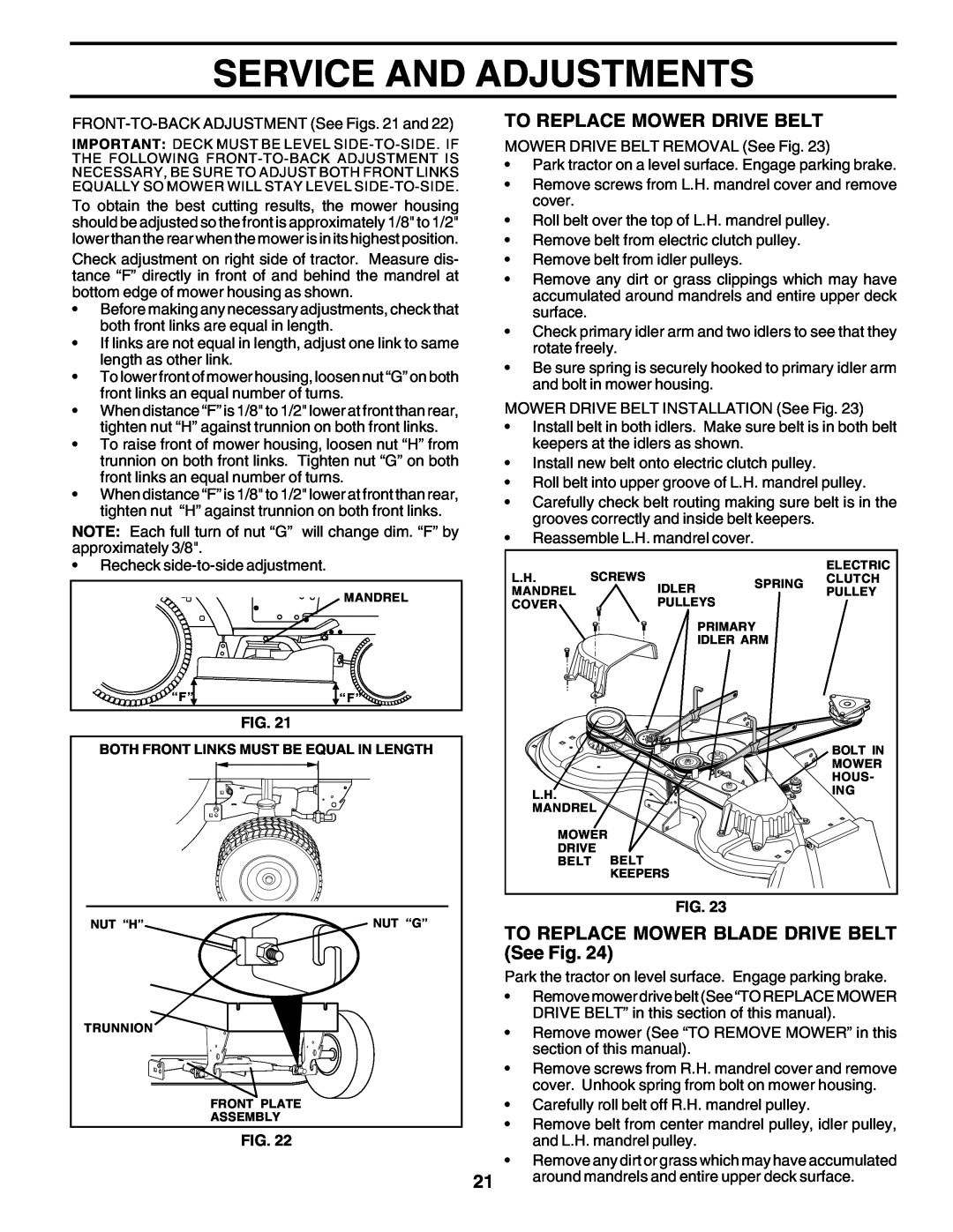 Poulan 178497 owner manual Service And Adjustments, To Replace Mower Drive Belt, TO REPLACE MOWER BLADE DRIVE BELT See Fig 
