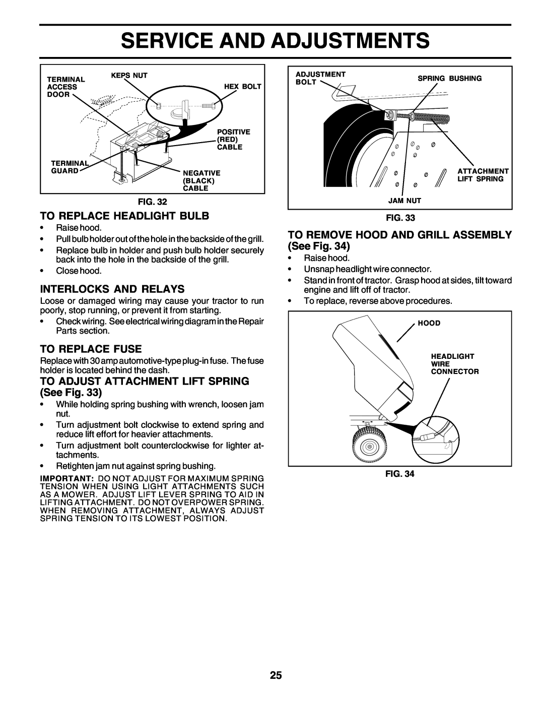 Poulan 178497 owner manual Service And Adjustments, To Replace Headlight Bulb, Interlocks And Relays, To Replace Fuse 