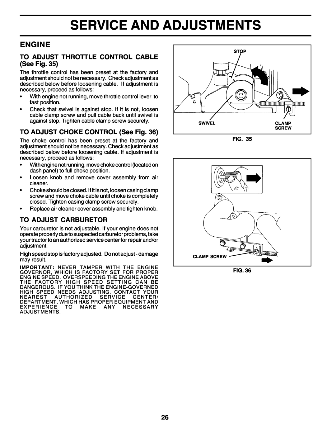 Poulan 178497 Service And Adjustments, Engine, TO ADJUST THROTTLE CONTROL CABLE See Fig, TO ADJUST CHOKE CONTROL See Fig 