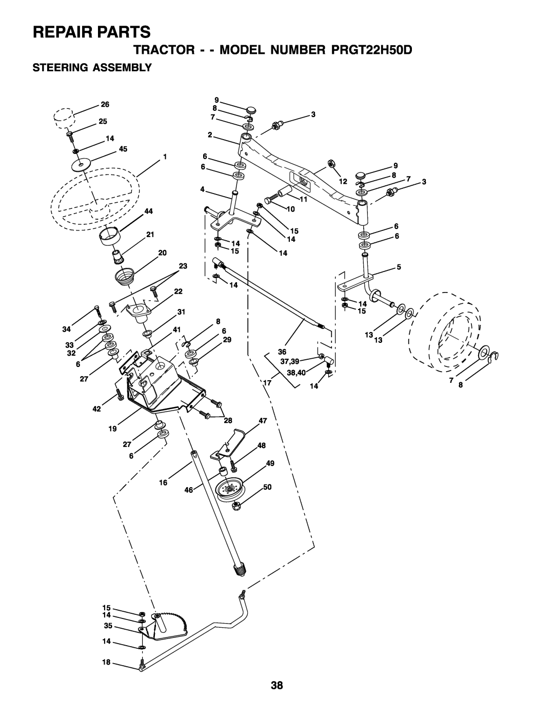 Poulan 178497 owner manual Repair Parts, TRACTOR - - MODEL NUMBER PRGT22H50D, Steering Assembly, 2015, 37,39, 38,40 