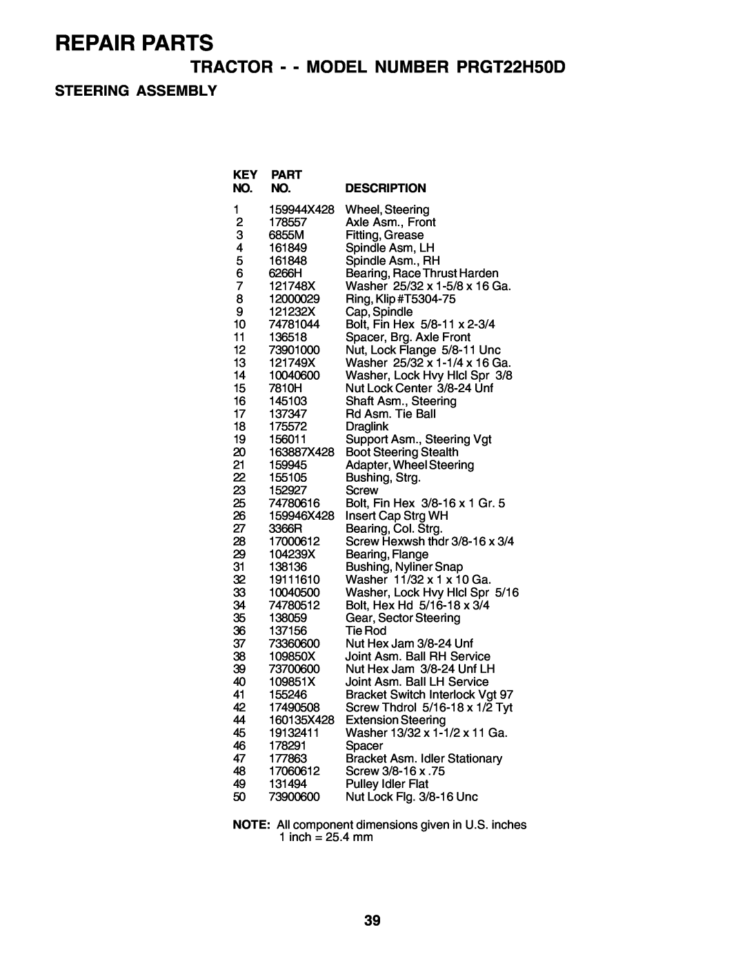 Poulan 178497 owner manual Repair Parts, TRACTOR - - MODEL NUMBER PRGT22H50D, Steering Assembly, Adapter, Wheel Steering 