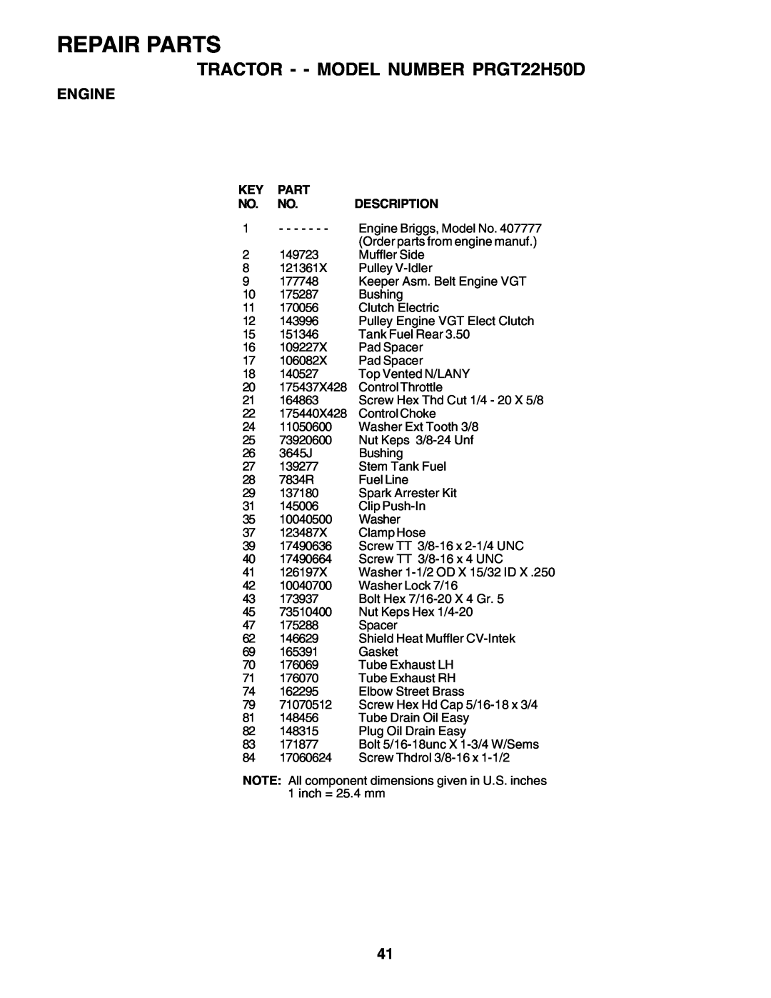 Poulan 178497 owner manual Repair Parts, TRACTOR - - MODEL NUMBER PRGT22H50D, Engine, Screw Hex Hd Cap 5/16-18 x 3/4 