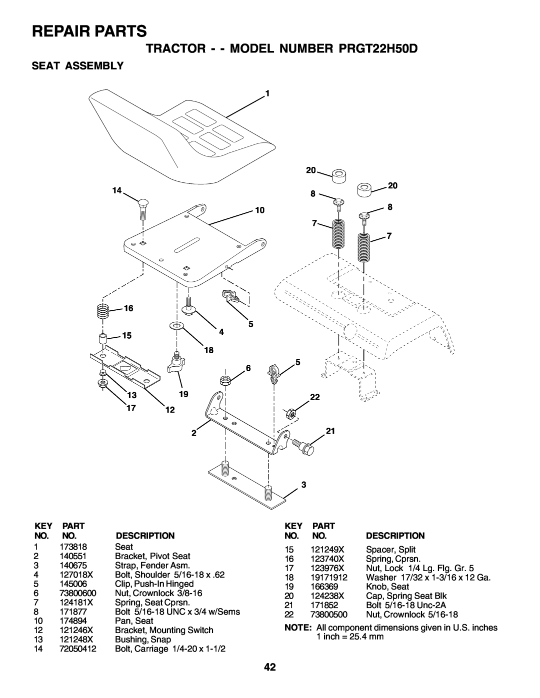 Poulan 178497 owner manual Repair Parts, TRACTOR - - MODEL NUMBER PRGT22H50D, Seat Assembly 