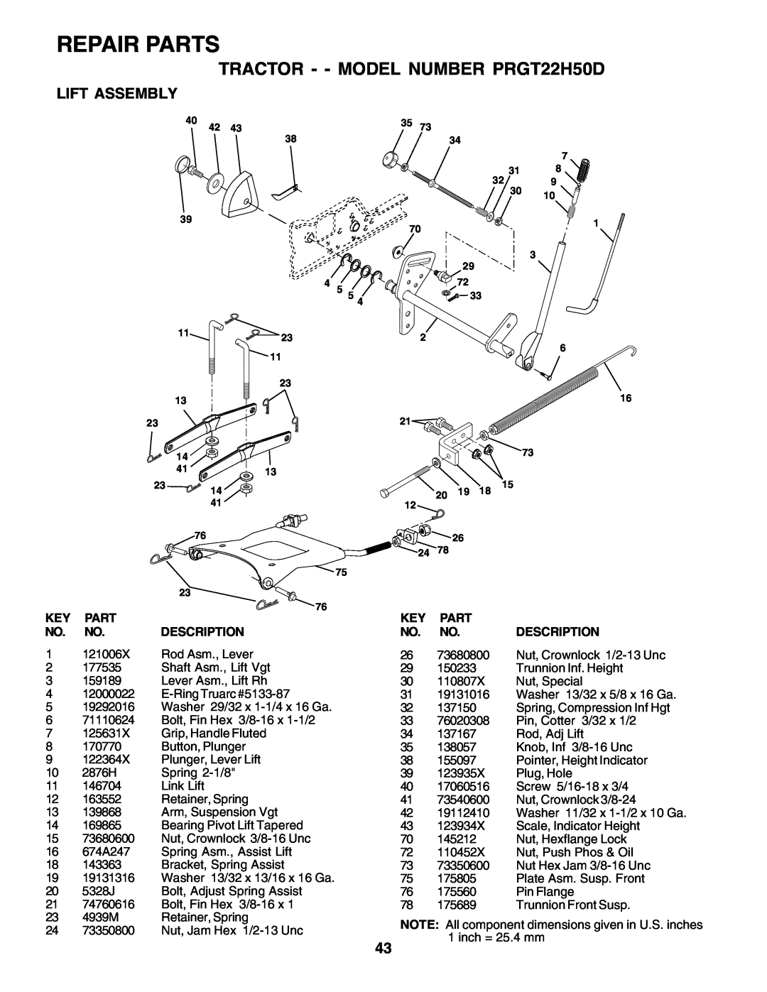 Poulan 178497 owner manual Repair Parts, TRACTOR - - MODEL NUMBER PRGT22H50D, Lift Assembly 