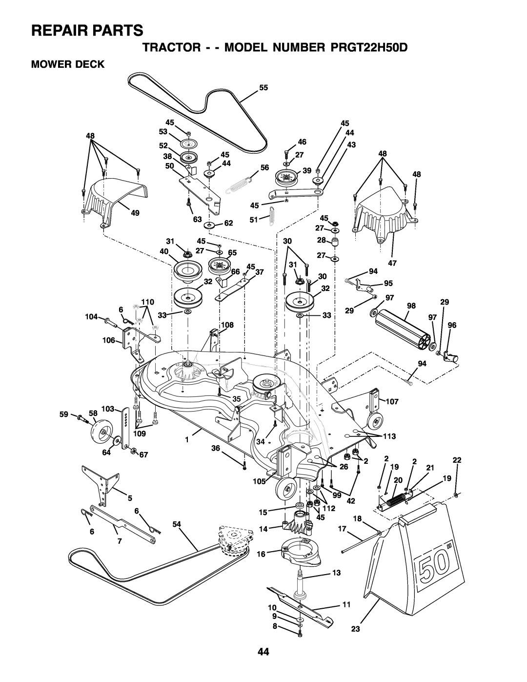 Poulan 178497 owner manual Repair Parts, TRACTOR - - MODEL NUMBER PRGT22H50D, Mower Deck 