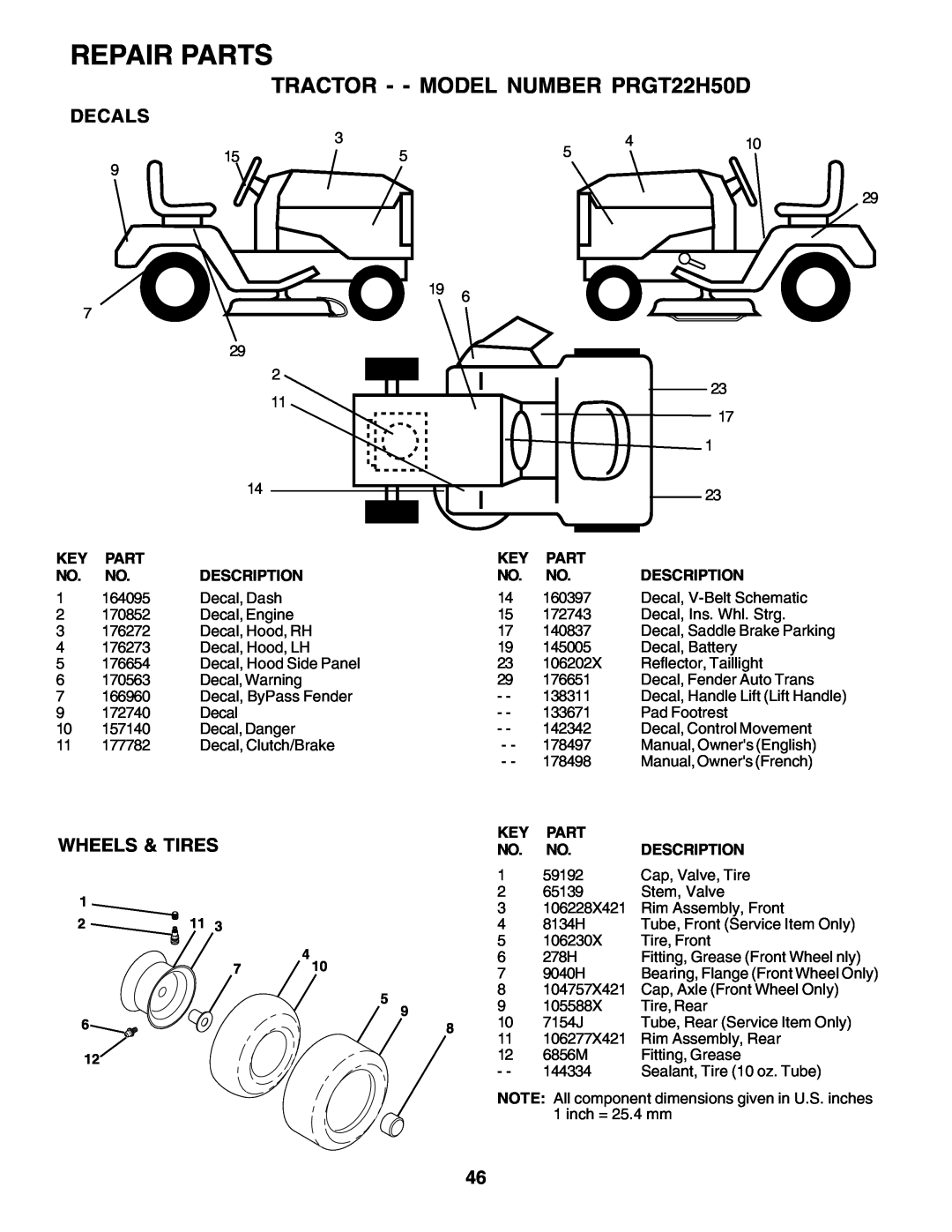 Poulan 178497 owner manual Repair Parts, TRACTOR - - MODEL NUMBER PRGT22H50D, Decals, Wheels & Tires 