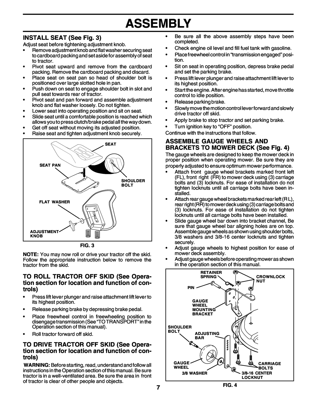 Poulan 178497 owner manual Assembly, INSTALL SEAT See Fig, ASSEMBLE GAUGE WHEELS AND BRACKETS TO MOWER DECK See Fig 