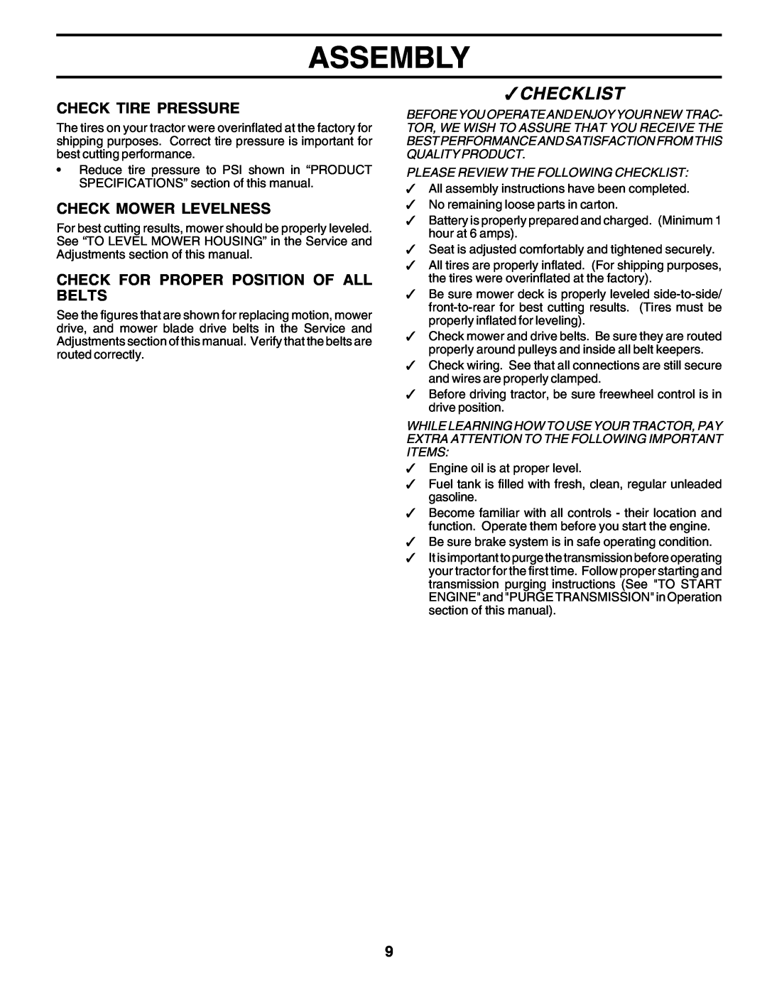 Poulan 178497 Checklist, Assembly, Check Tire Pressure, Check Mower Levelness, Check For Proper Position Of All Belts 