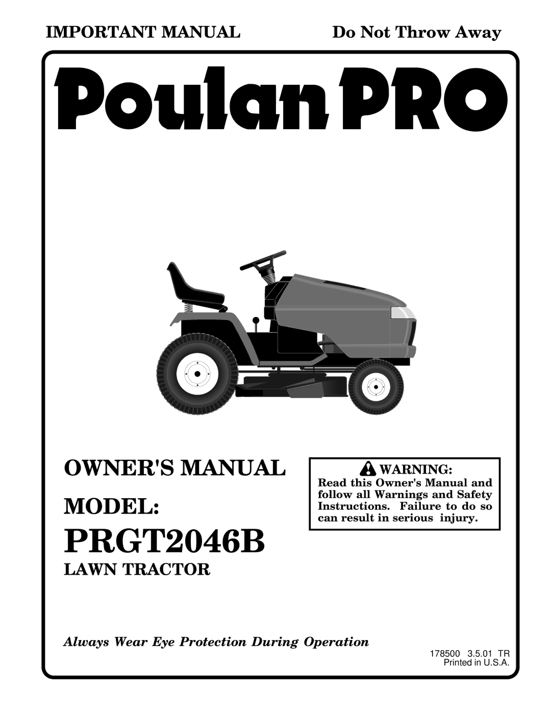 Poulan 178500 owner manual PRGT2046B 