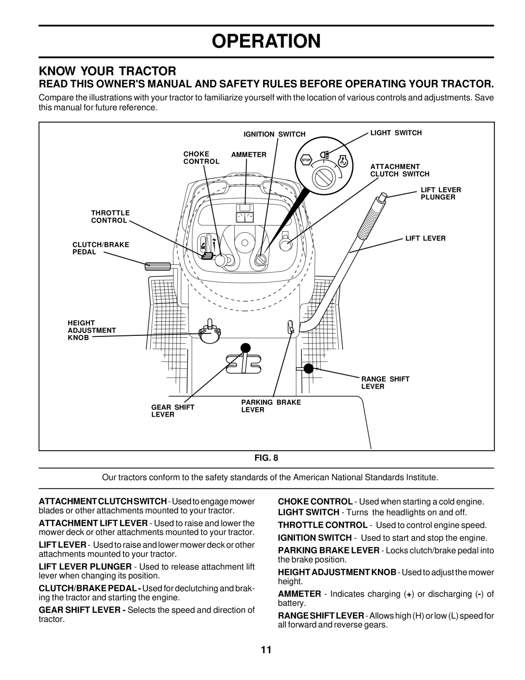 Poulan 178500 owner manual Know Your Tractor, Height Adjustment Knob Used to adjust the mower height 