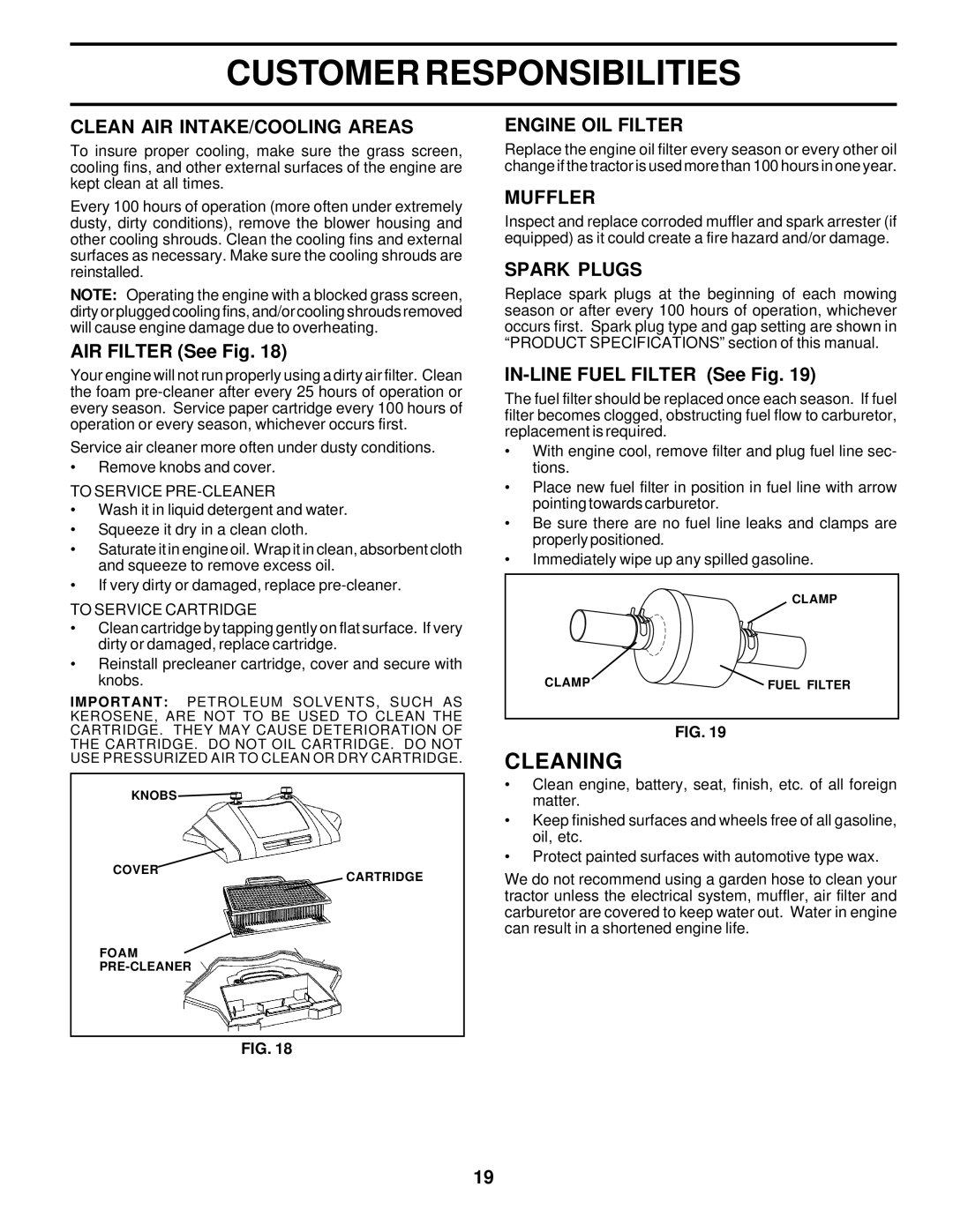 Poulan 178500 owner manual Cleaning, Clean AIR INTAKE/COOLING Areas, Engine OIL Filter, Muffler, Spark Plugs 