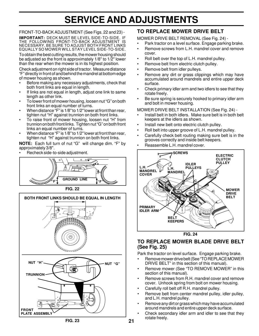 Poulan 178500 owner manual To Replace Mower Drive Belt, To Replace Mower Blade Drive Belt See Fig 