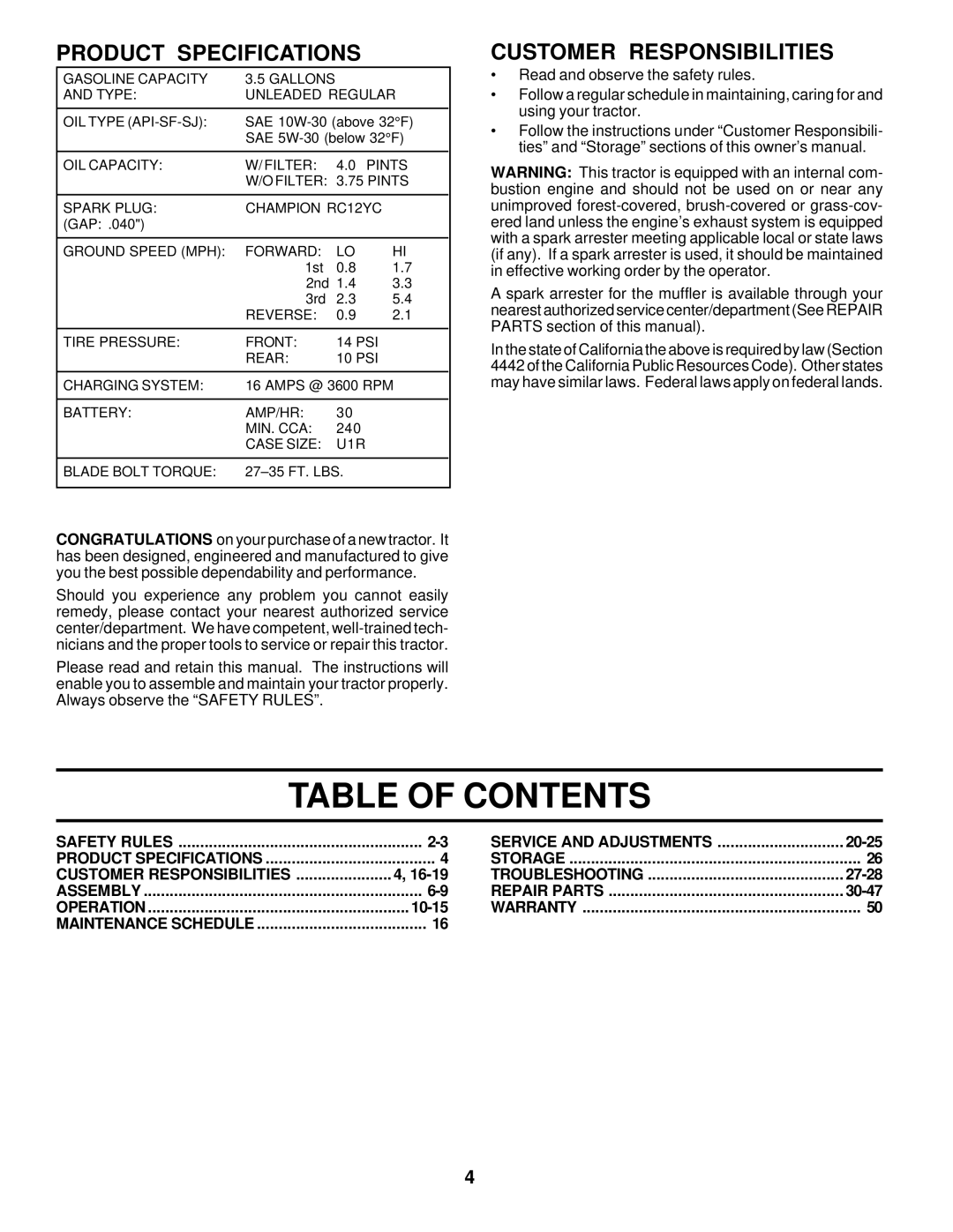 Poulan 178500 owner manual Table of Contents 