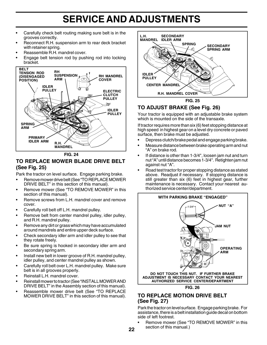 Poulan 179075 To Adjust Brake See Fig, To Replace Mower Blade Drive Belt See Fig, To Replace Motion Drive Belt See Fig 