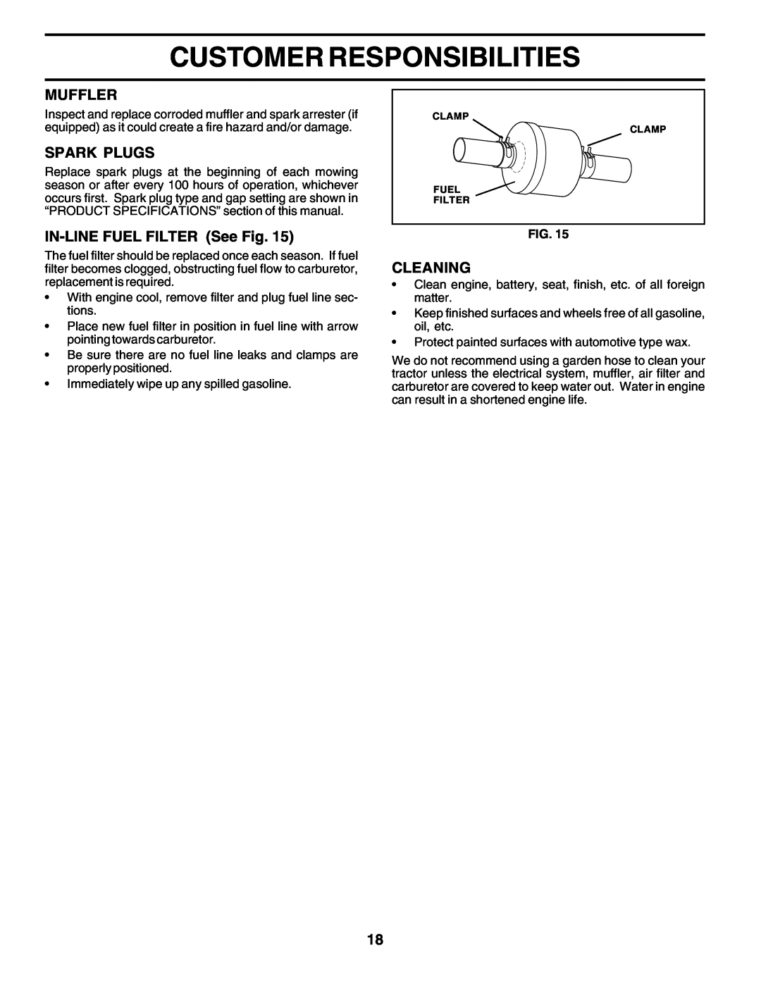 Poulan 179416 manual Customer Responsibilities, Muffler, Spark Plugs, IN-LINE FUEL FILTER See Fig, Cleaning 