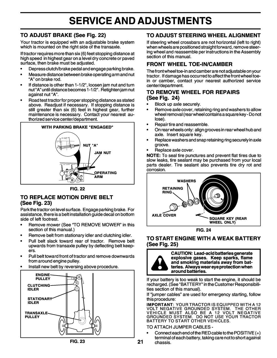 Poulan 179416 manual Service And Adjustments, TO ADJUST BRAKE See Fig, TO REPLACE MOTION DRIVE BELT See Fig 