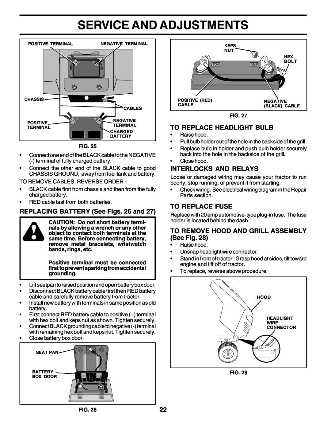 Poulan 179416 Service And Adjustments, REPLACING BATTERY See Figs. 26 and, To Replace Headlight Bulb, To Replace Fuse 