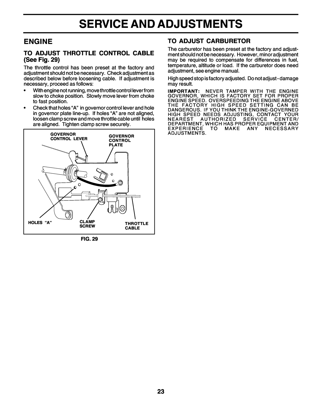 Poulan 179416 manual Service And Adjustments, Engine, TO ADJUST THROTTLE CONTROL CABLE See Fig, To Adjust Carburetor 