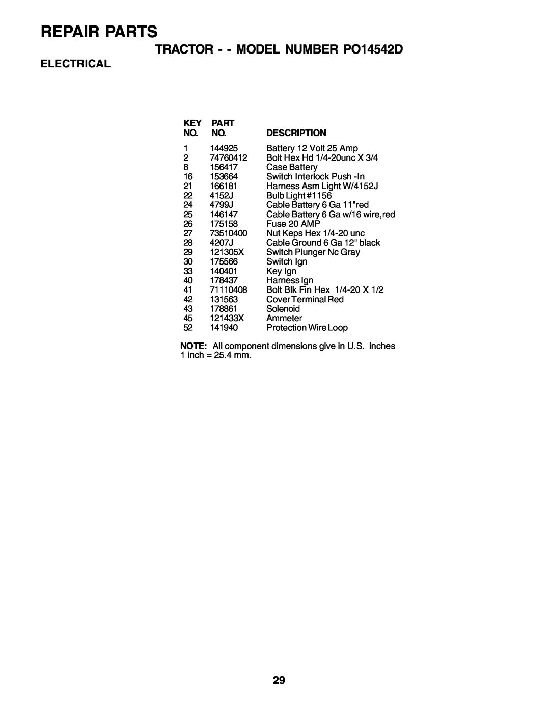 Poulan 179416 manual Repair Parts, TRACTOR - - MODEL NUMBER PO14542D, Electrical, Description 