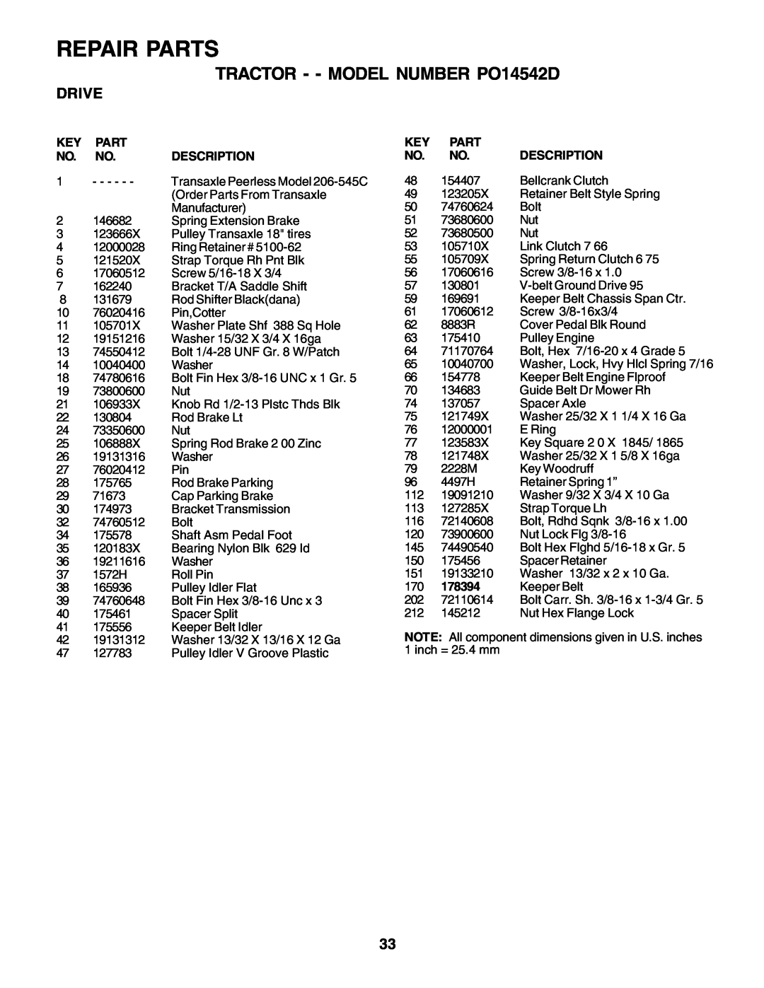 Poulan 179416 manual Repair Parts, TRACTOR - - MODEL NUMBER PO14542D, Drive, Description, 154407, Bellcrank Clutch, 178394 