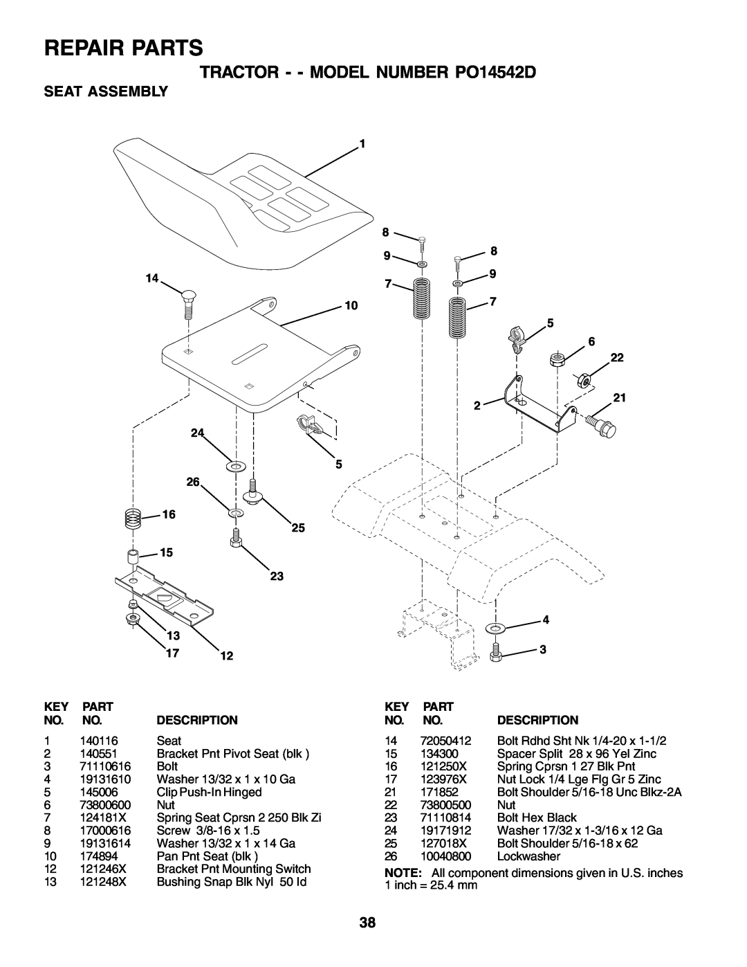 Poulan 179416 manual Repair Parts, TRACTOR - - MODEL NUMBER PO14542D, Seat Assembly, Description 