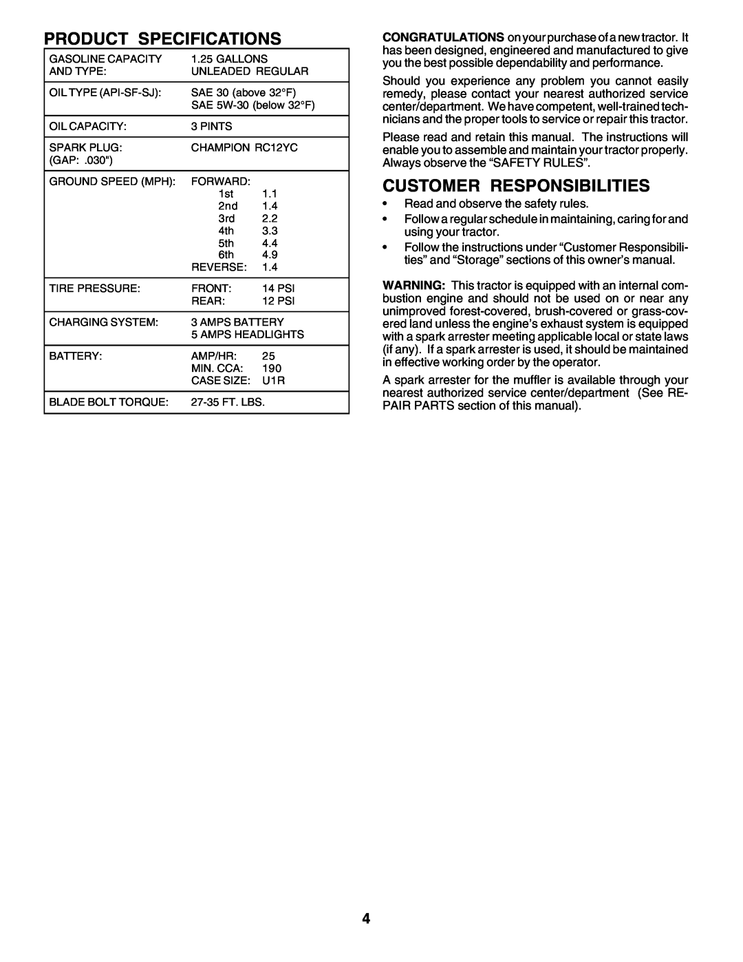 Poulan 179416 manual Product Specifications, Customer Responsibilities 