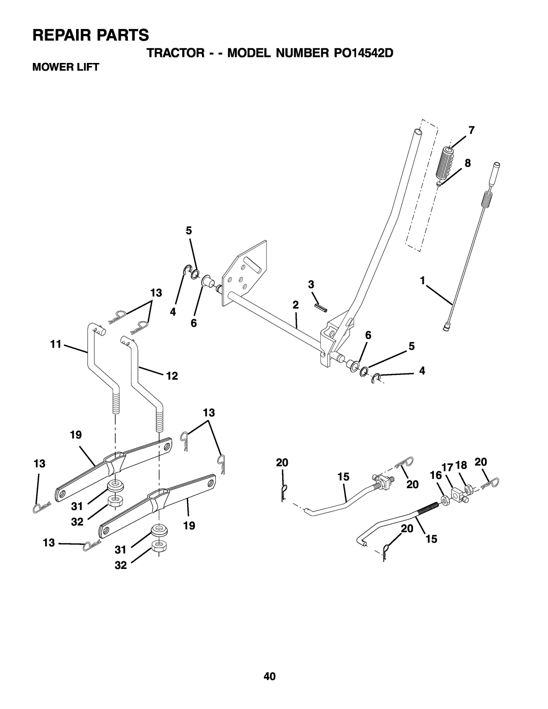 Poulan 179416 manual Repair Parts, TRACTOR - - MODEL NUMBER PO14542D, Mower Lift 