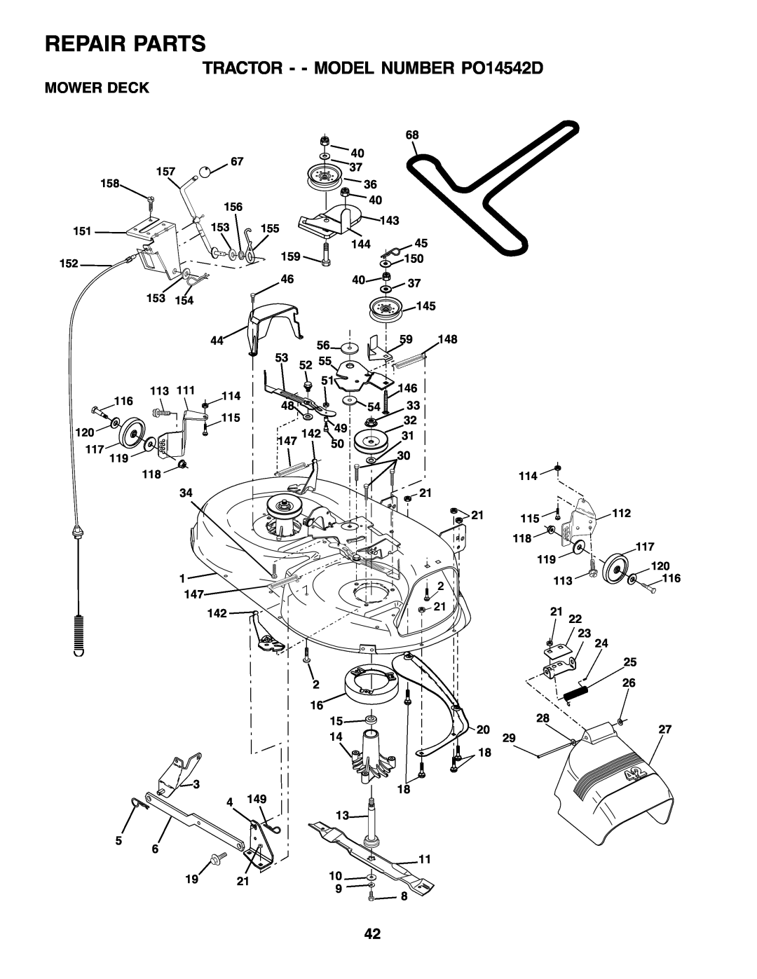 Poulan 179416 manual Repair Parts, TRACTOR - - MODEL NUMBER PO14542D, Mower Deck 