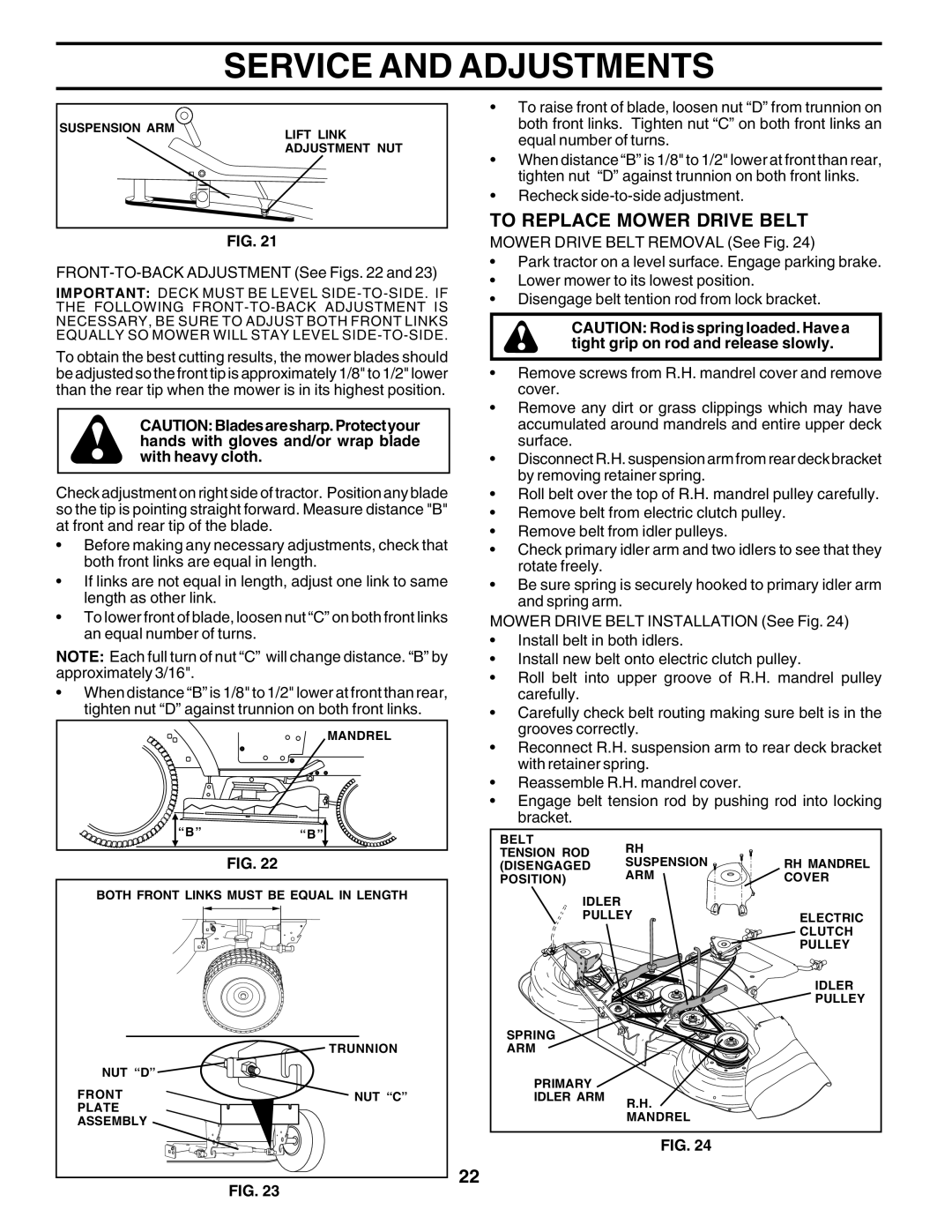 Poulan 179419 owner manual To Replace Mower Drive Belt, FRONT-TO-BACK Adjustment See Figs 