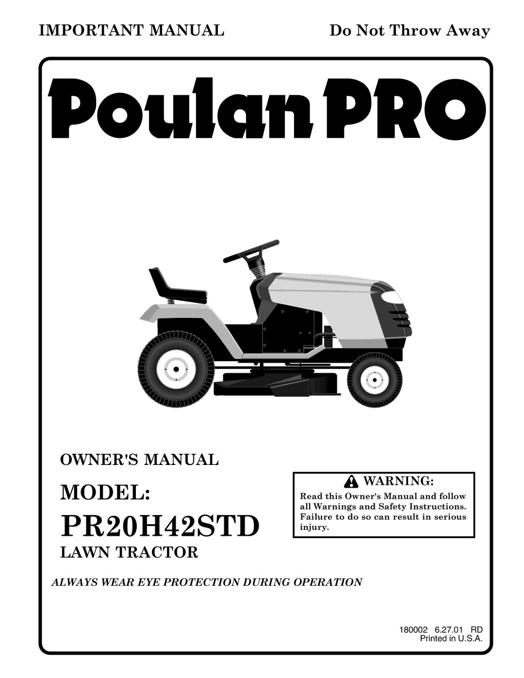 Poulan 180002 owner manual PR20H42STD 