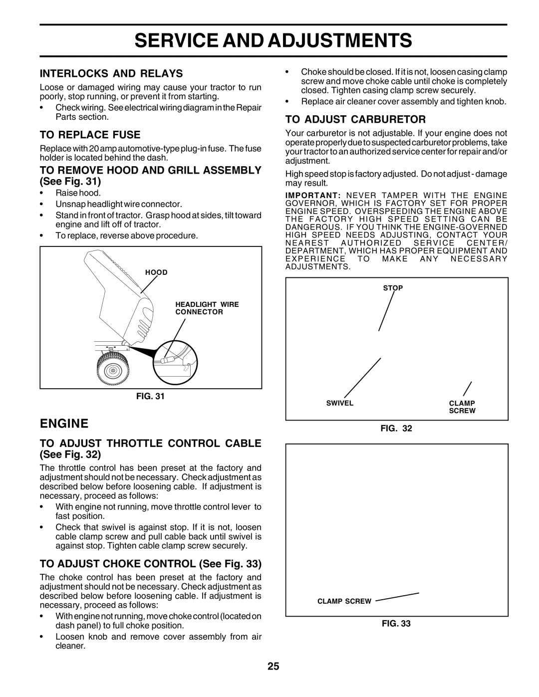 Poulan 180002 owner manual Interlocks and Relays, To Replace Fuse, To Adjust Carburetor 